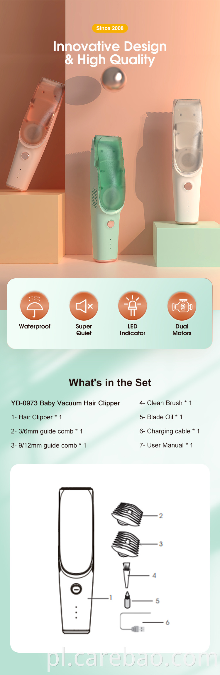 Nowoczesny design Baby Hair Hair Clipper Trimmer do użytku domowego z ceramicznymi ostrzami ze stali nierdzewnej